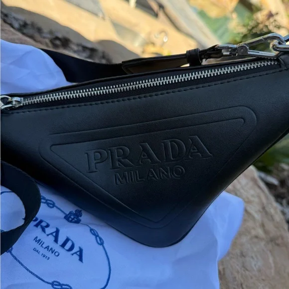 Genuine vegan leather PRADA Black triangle Sling Bag with detachable Logo mini - Picture 6 of 13